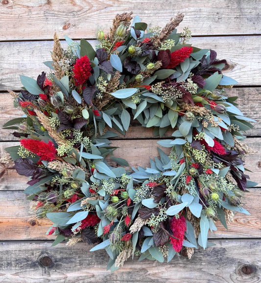 Fall Eucalyptus Wreath, Celosia, Sorghum, Nigella Wreath