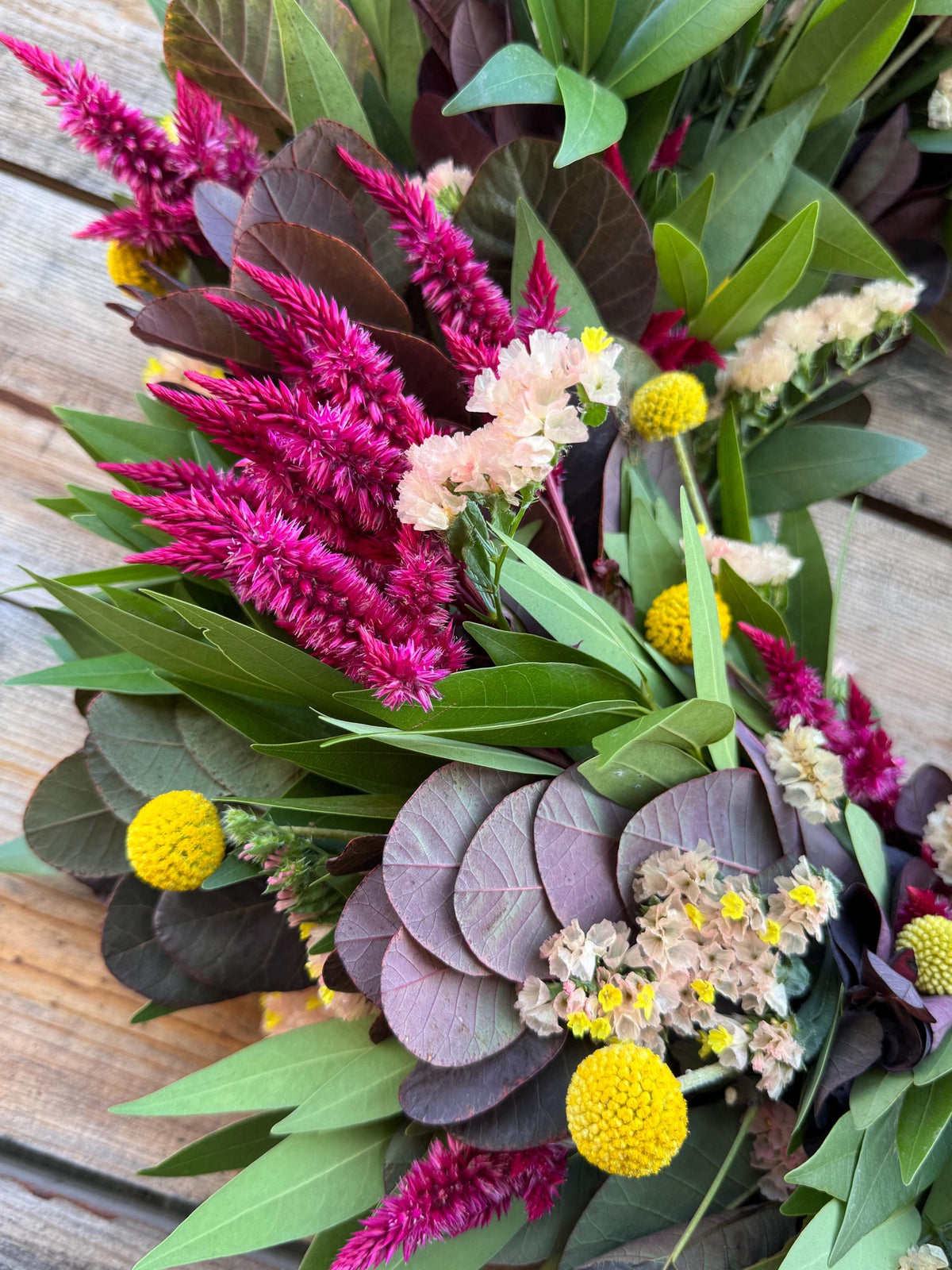 Handcrafted Fall Wreath, Celosia, Bay Leaf, Peach Statice