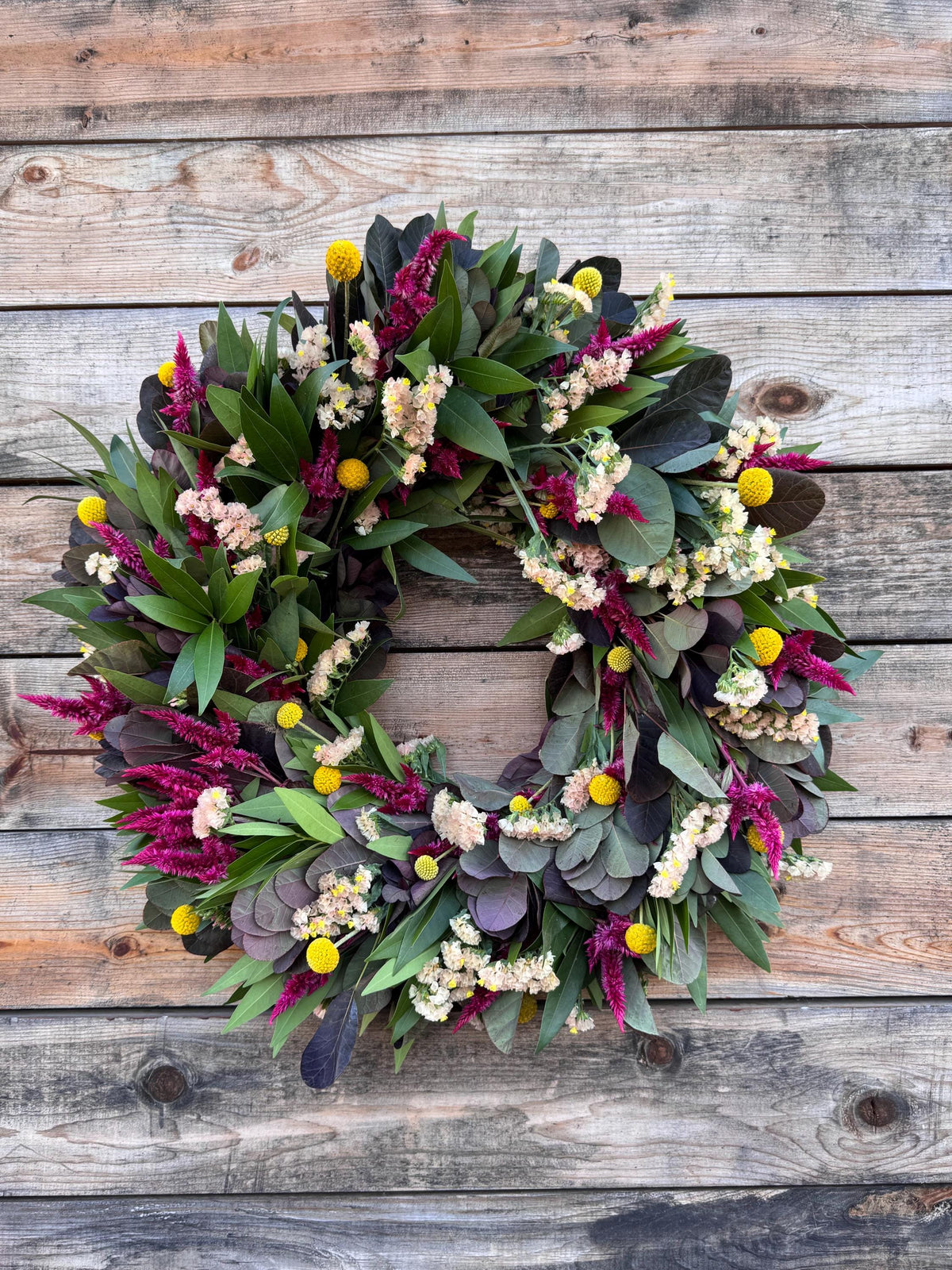 Handcrafted Fall Wreath, Celosia, Bay Leaf, Peach Statice