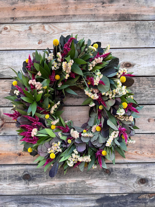 Handcrafted Fall Wreath, Celosia, Bay Leaf, Peach Statice
