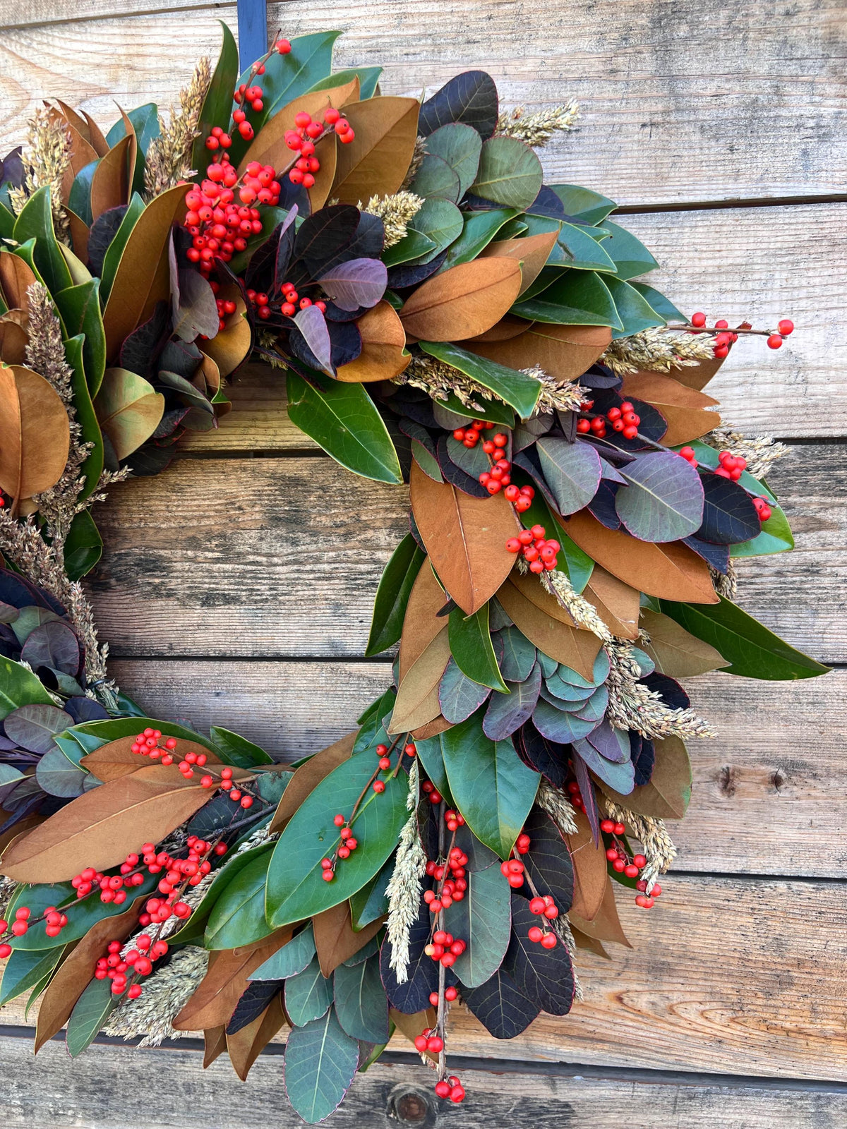 Fresh Real Magnolia, Orange Ilex, Sorghum – Front Door Decor – Kitchen