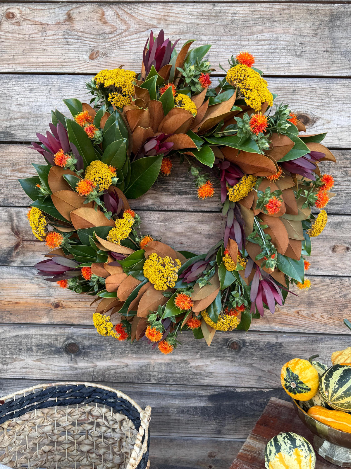 Fresh Real Magnolia, safari, cartamo, yarrow– Handcrafted Wreath