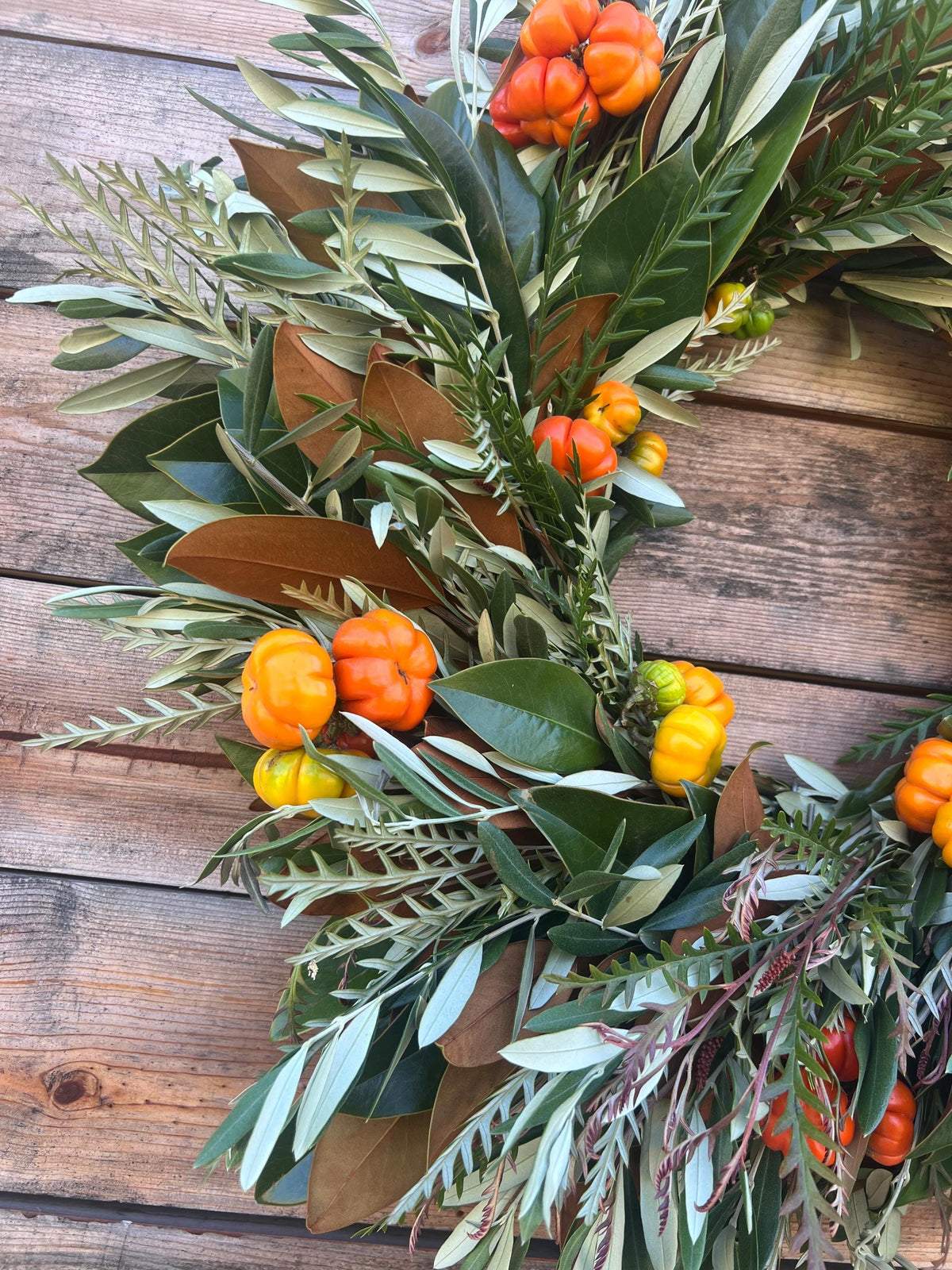 Fresh Real Magnolia, Pumpkins, Grevillea, Olive Wreath – Front Door