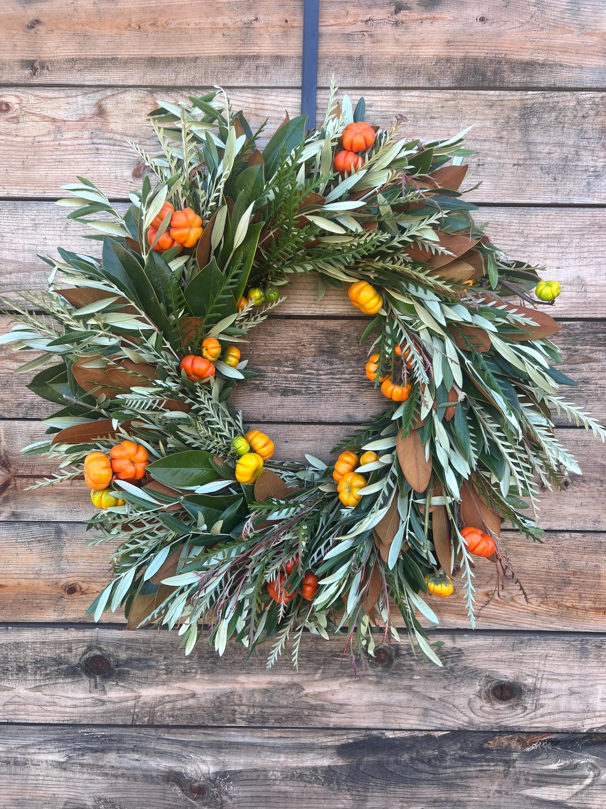 Fresh Real Magnolia, Pumpkins, Grevillea, Olive Wreath – Front Door