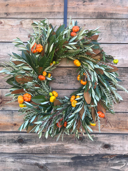 Fresh Real Magnolia, Pumpkins, Grevillea, Olive Wreath – Front Door