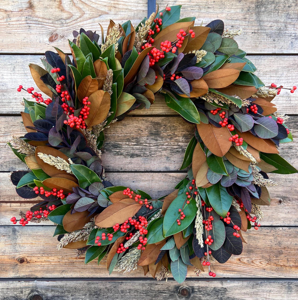 Fresh Real Magnolia, Orange Ilex, Sorghum – Front Door Decor – Kitchen