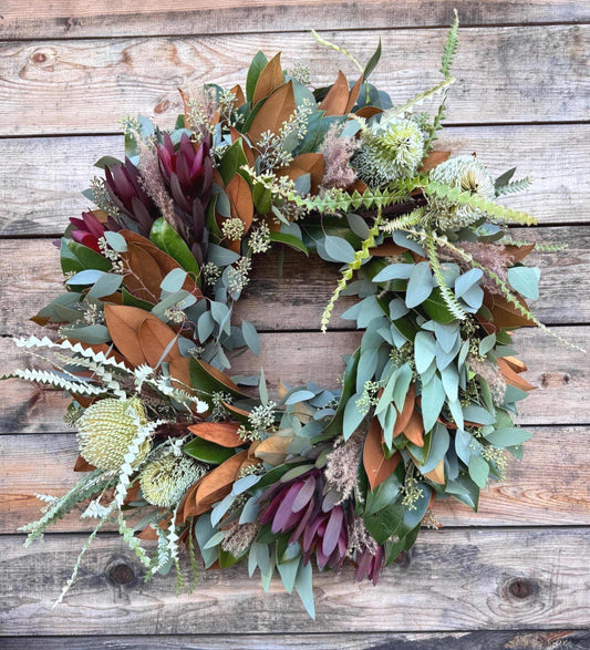 Handcrafted Magnolia Banksia Wreath, Burgundy Fall Autumn Home Decor Front