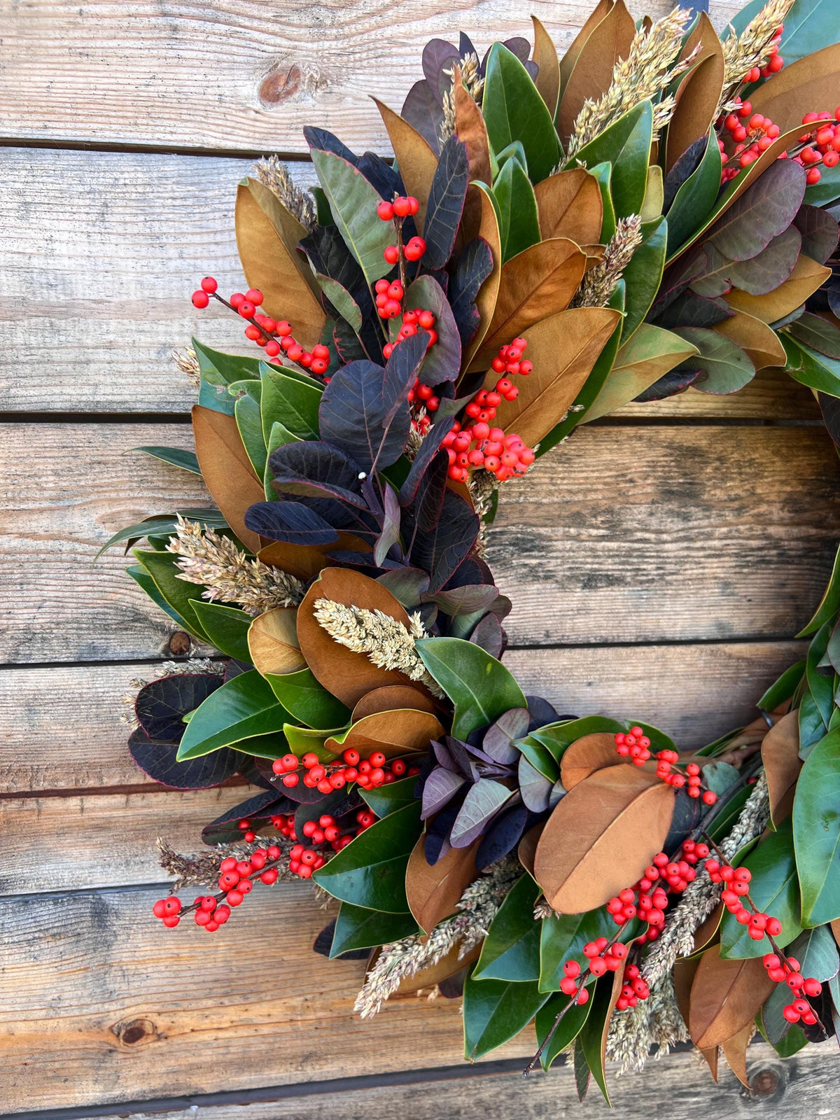 Fresh Real Magnolia, Orange Ilex, Sorghum – Front Door Decor – Kitchen