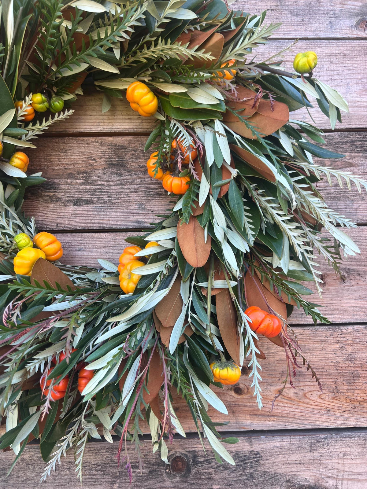 Fresh Real Magnolia, Pumpkins, Grevillea, Olive Wreath – Front Door