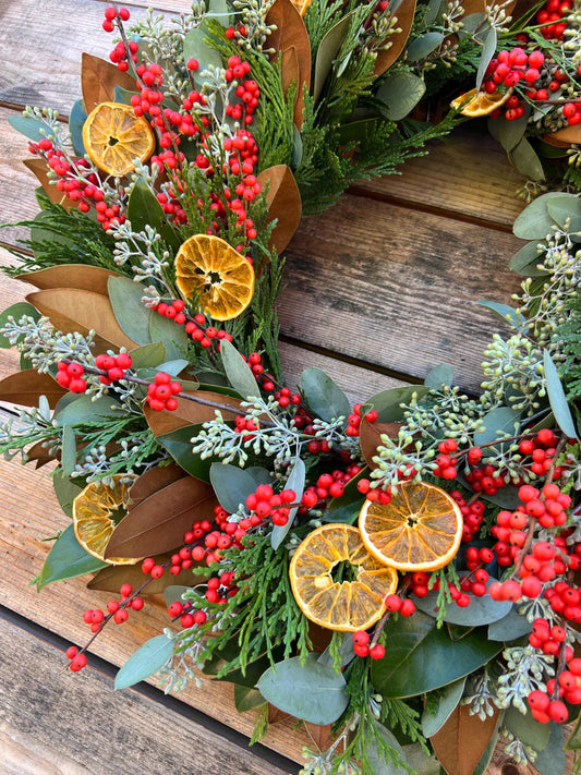 Fresh Magnolia, Eucalyptus Orange Ilex Berries, Cedar – Oranges Wreath
