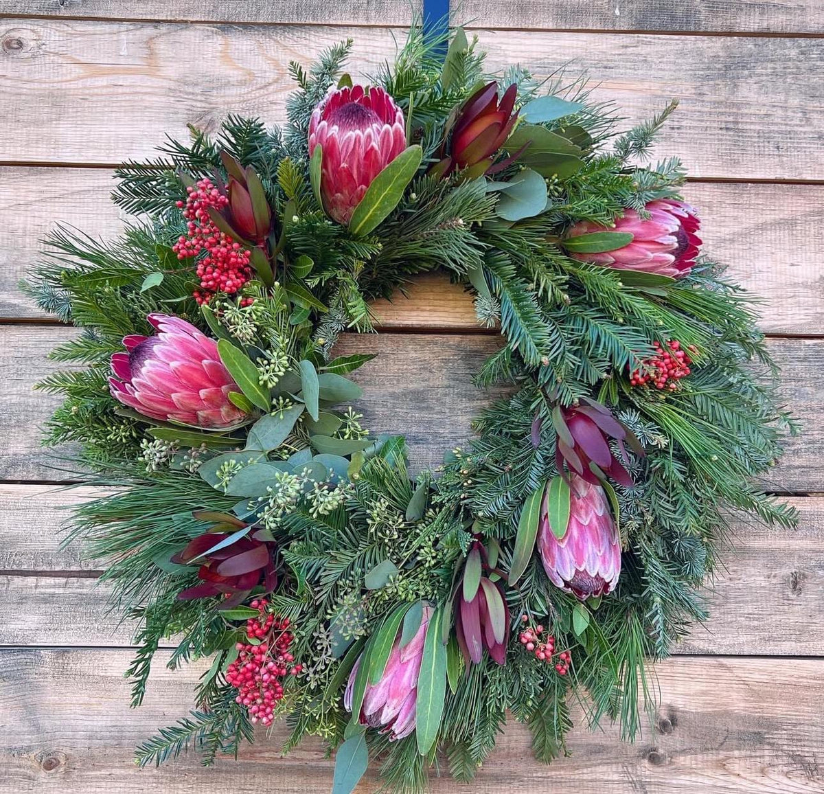 Mixed Evergreens Fresh Wreath, Eucalyptus, Red Berries, Proteas, Aromatic