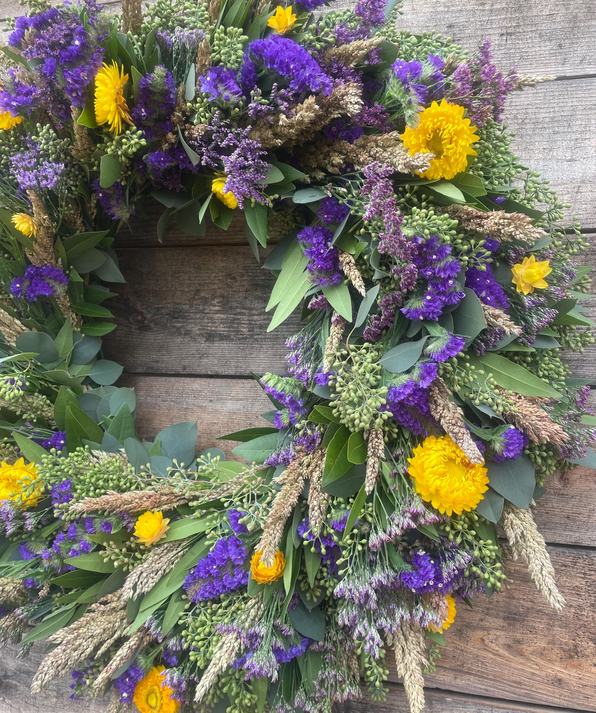 Fresh Aromatic Bayleaf, Purple Statice, Yellow Strawflower Wreath