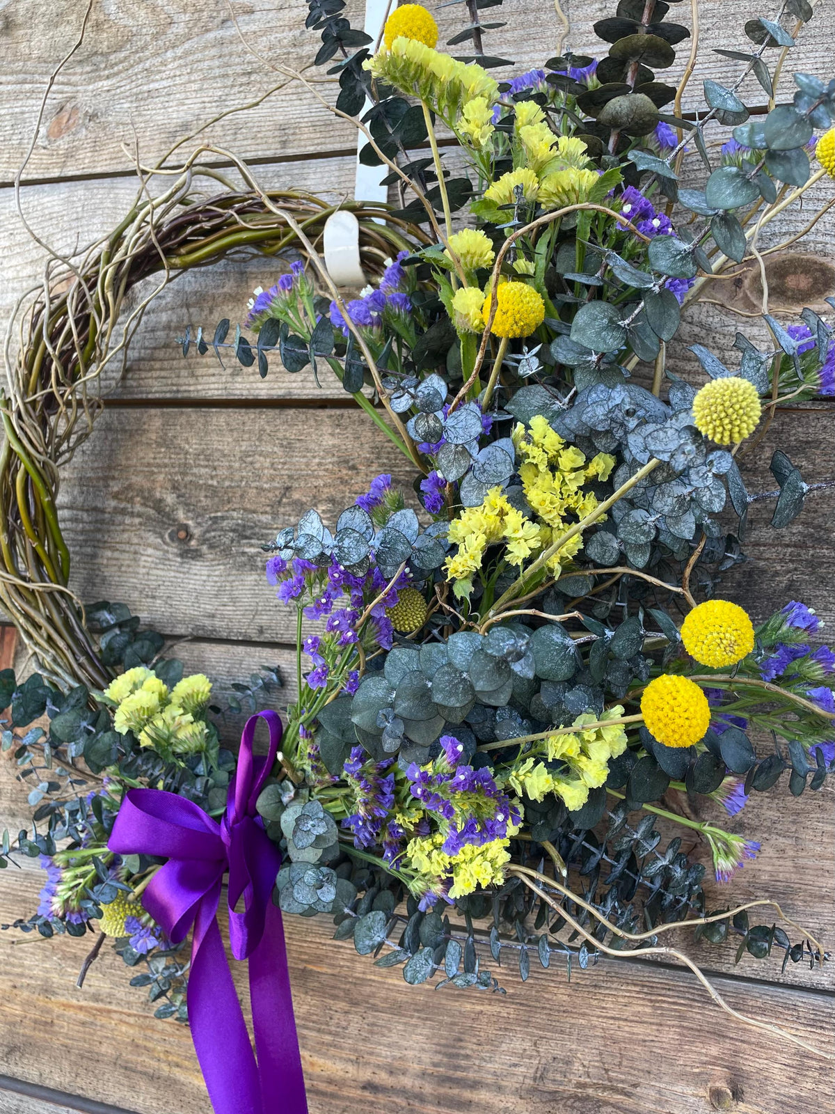 Fresh Eucalyptus, Purple & Yellow Wildflower Wreath – Front Door