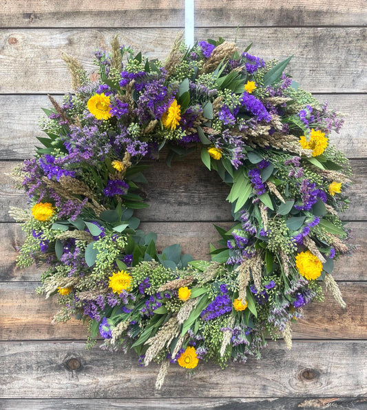 Fresh Aromatic Bayleaf, Purple Statice, Yellow Strawflower Wreath