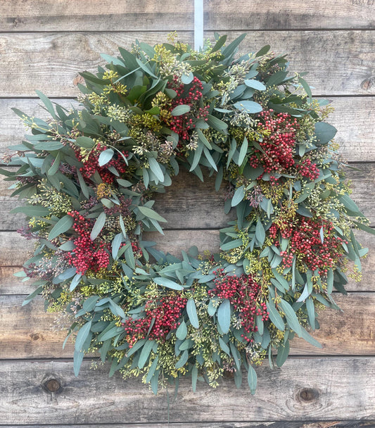 Fresh Real Wreath Eucalyptus Seeded and Pepperberry, Wreath – Front Door