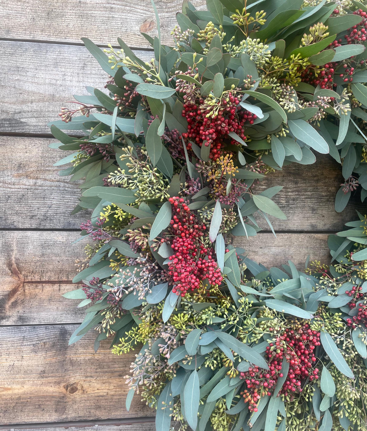 Fresh Real Wreath Eucalyptus Seeded and Pepperberry, Wreath – Front Door