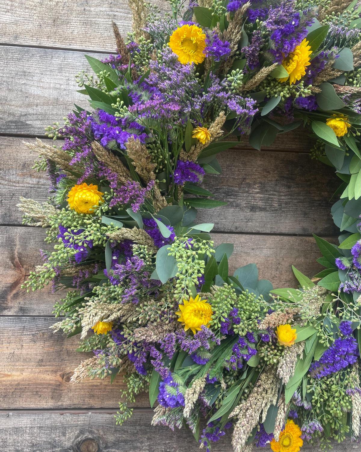 Fresh Aromatic Bayleaf, Purple Statice, Yellow Strawflower Wreath
