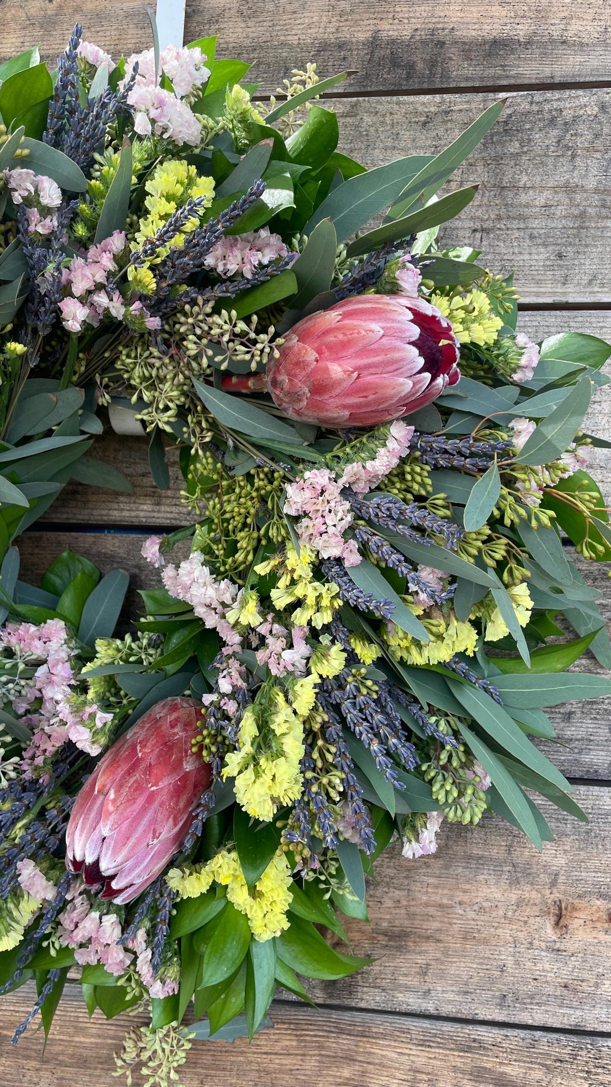 Fresh Spring Wreath Eucalyptus, Lavender, Pink & Yellow Statice, Proteas