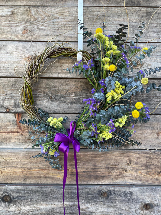 Fresh Eucalyptus, Purple & Yellow Wildflower Wreath – Front Door