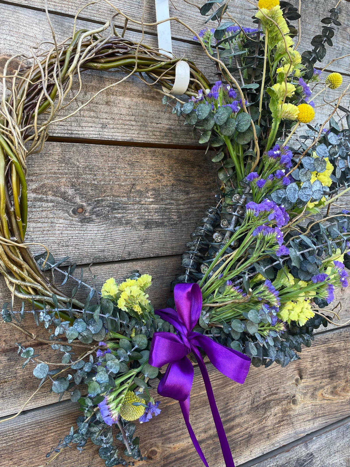 Fresh Eucalyptus, Purple & Yellow Wildflower Wreath – Front Door
