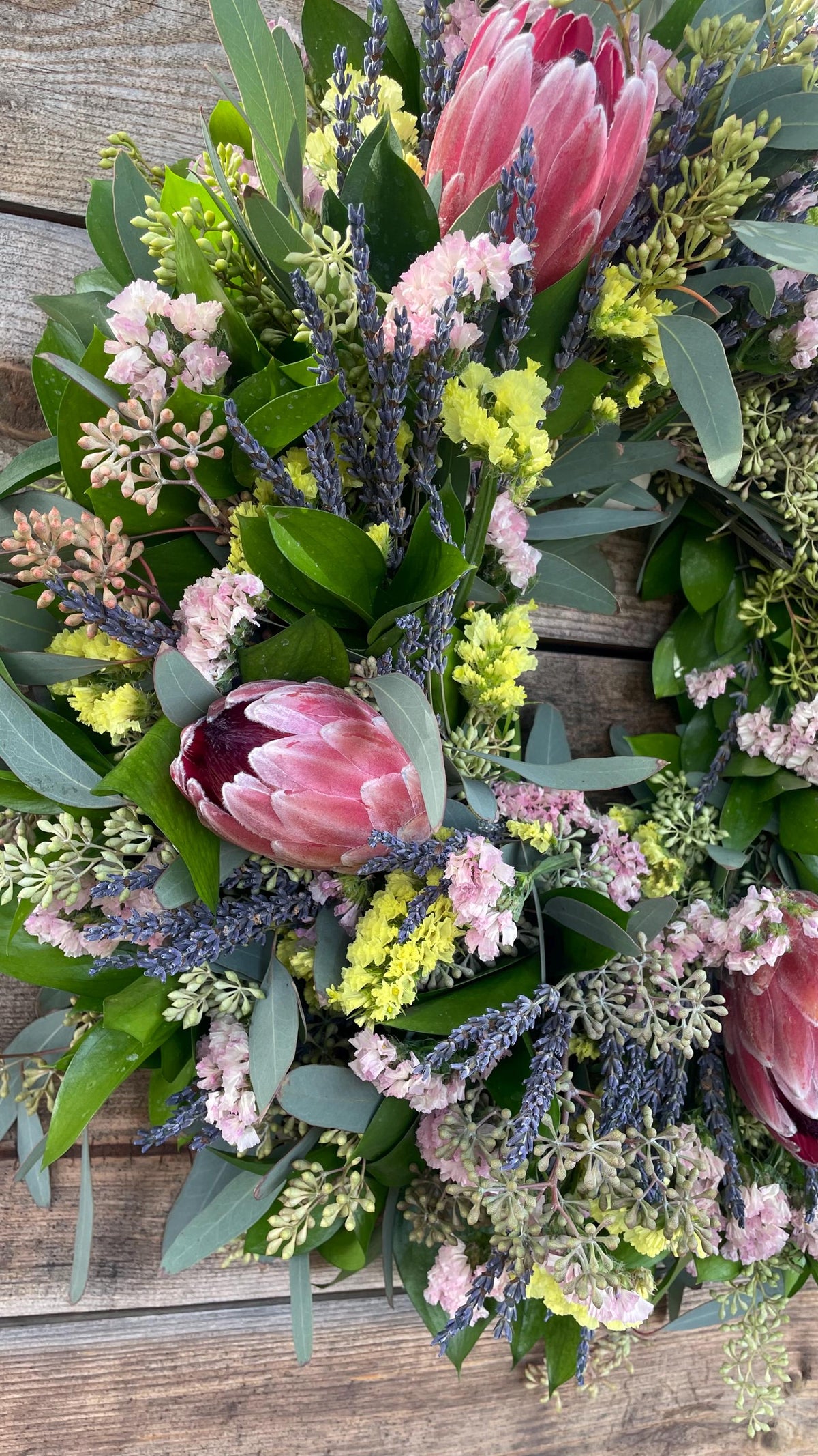 Fresh Spring Wreath Eucalyptus, Lavender, Pink & Yellow Statice, Proteas