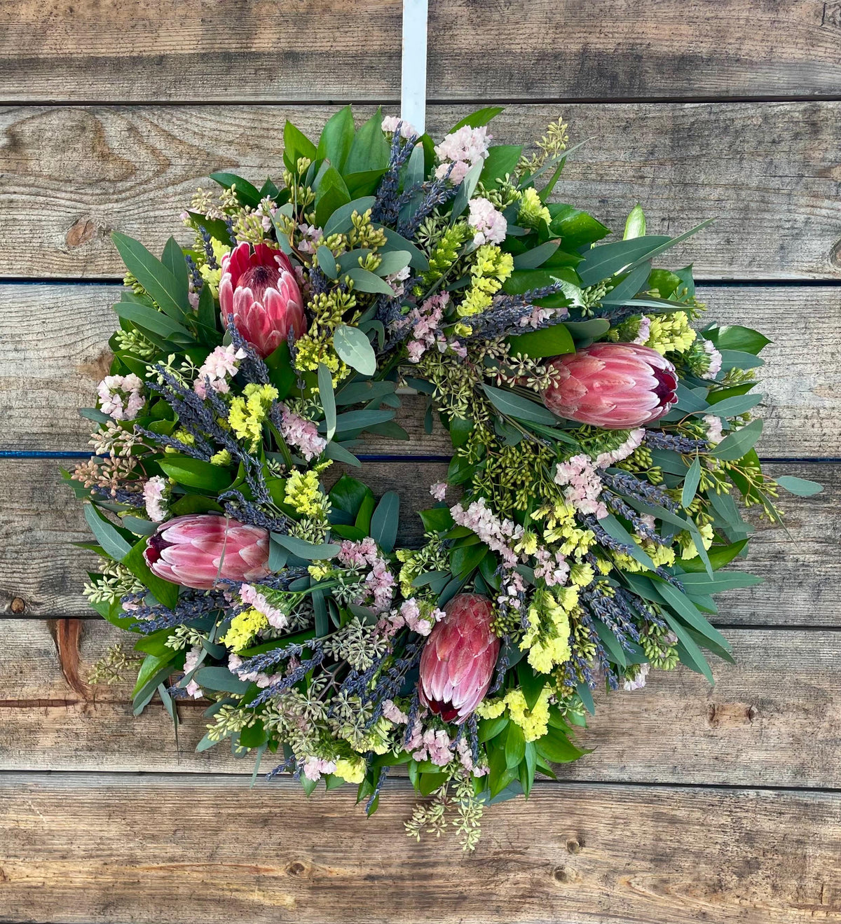 Fresh Spring Wreath Eucalyptus, Lavender, Pink & Yellow Statice, Proteas