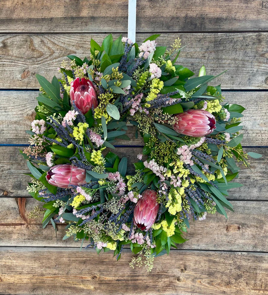 Fresh Spring Wreath Eucalyptus, Lavender, Pink & Yellow Statice, Proteas