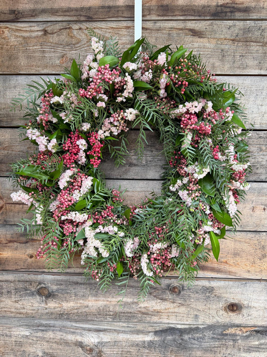 Fresh Ruscus, Statice, Pepper Berry Wreath, Romantic Wild Airy Style