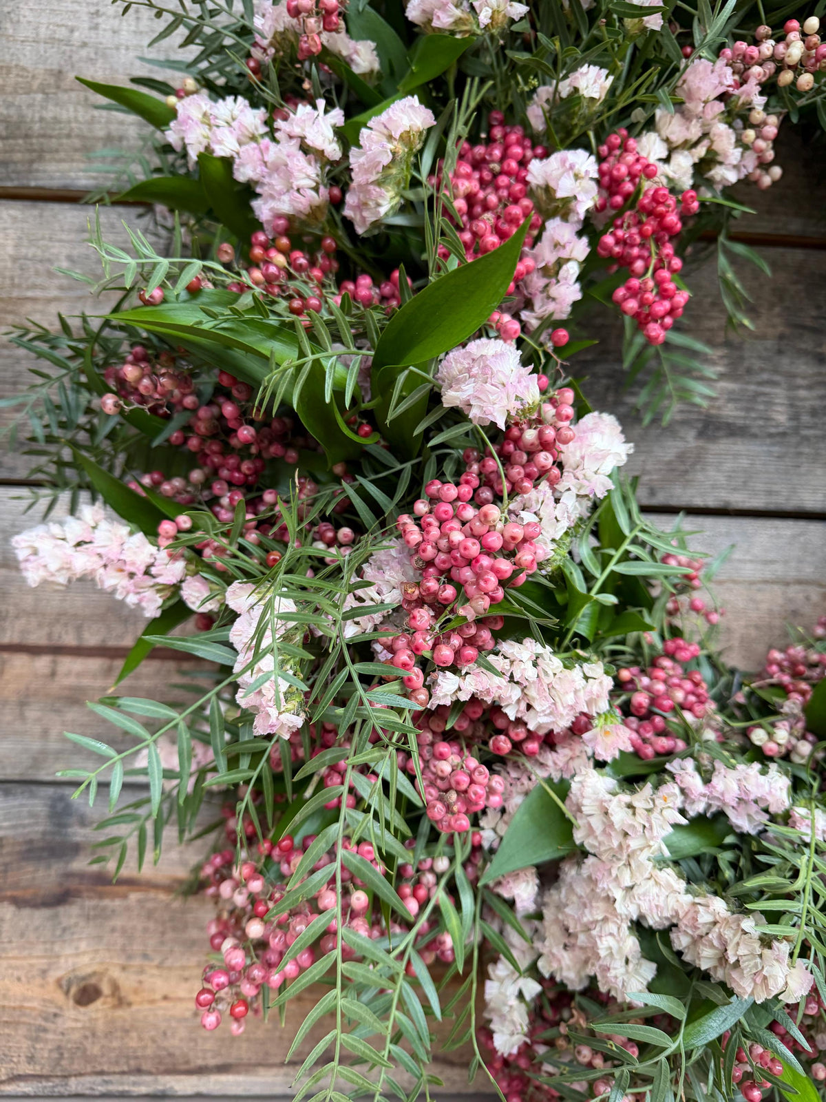 Fresh Ruscus, Statice, Pepper Berry Wreath, Romantic Wild Airy Style