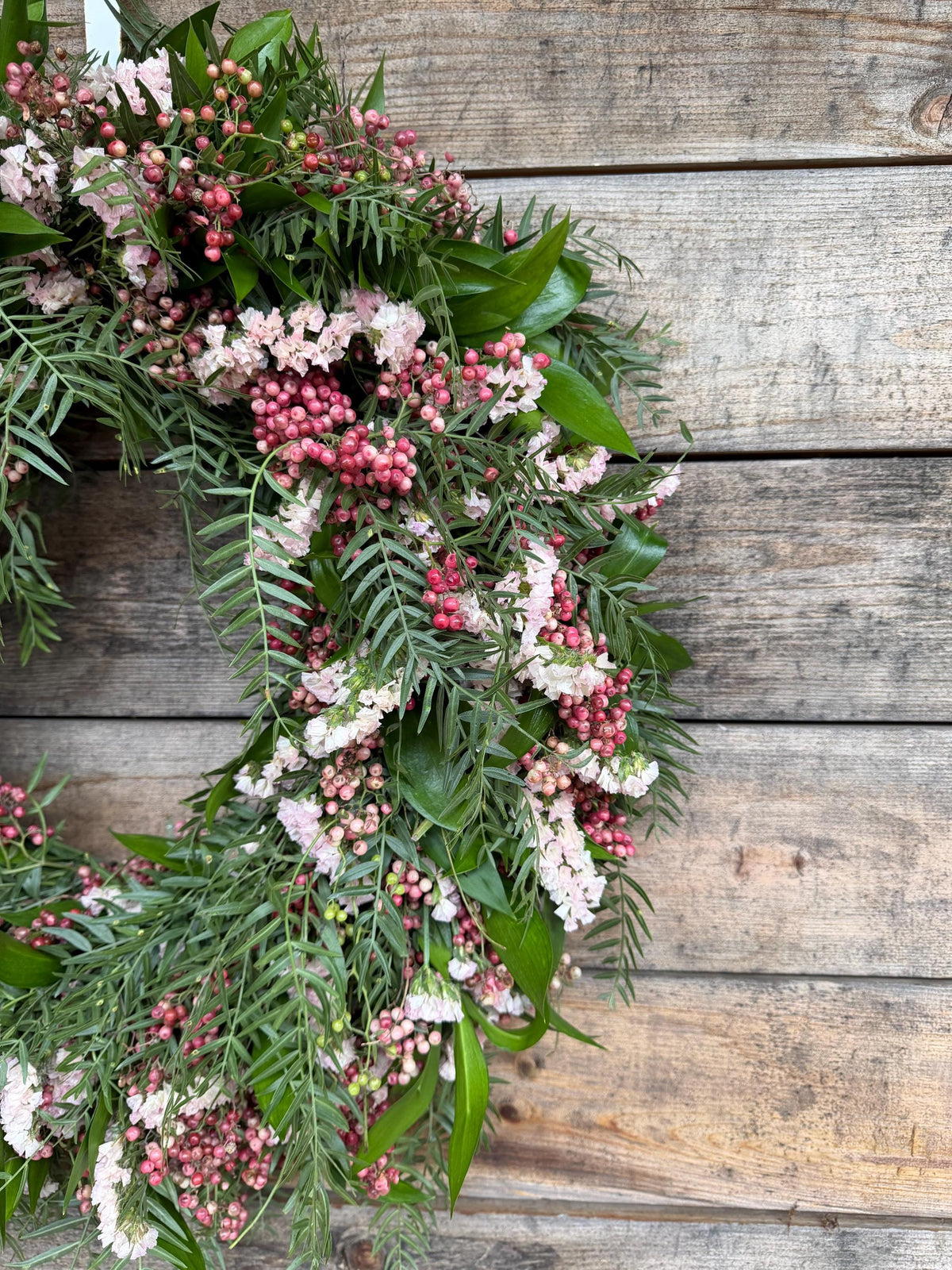 Fresh Ruscus, Statice, Pepper Berry Wreath, Romantic Wild Airy Style