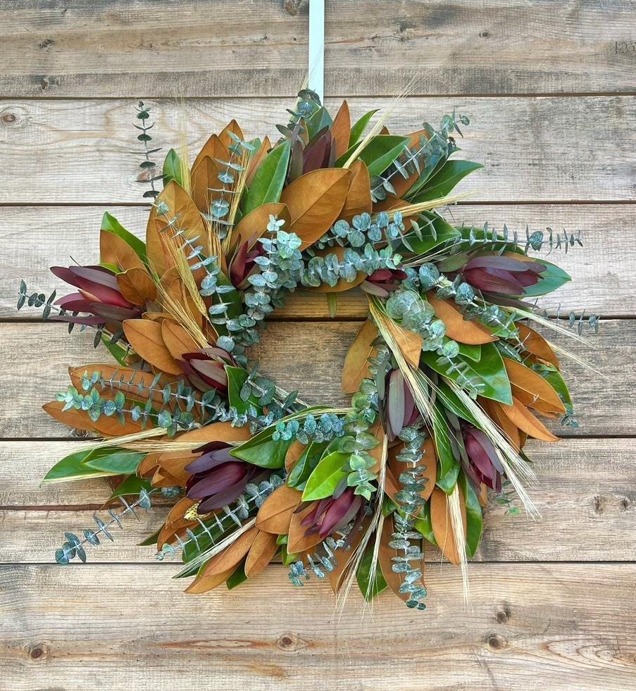 Fresh Magnolia Eucalyptus Wreath, Baby Blue Accents