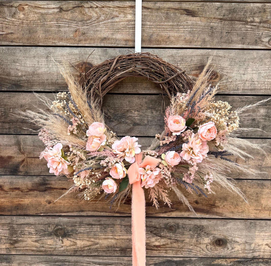 Artificial Blush Pink Floral Wreath – Grapevine Fall Autumn Door Decor