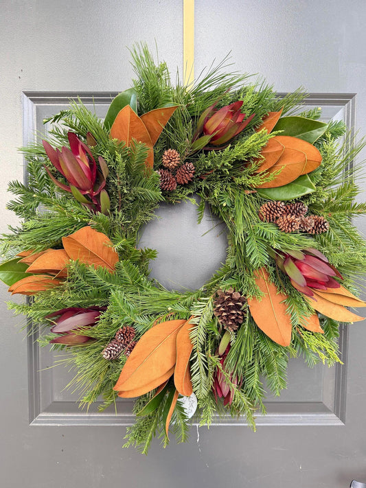 Mixed Pine Cones Magnolia Leaf Wreath – Front Door Decor, Safari Style