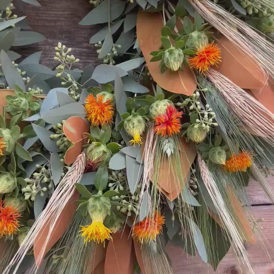 FRESH Real Magnolia, Eucalyptus, Wheat, Safflower, Handcrafted Wreath Front Door Decor, Kitchen, Wall, Home Decor Fall, Autumn.