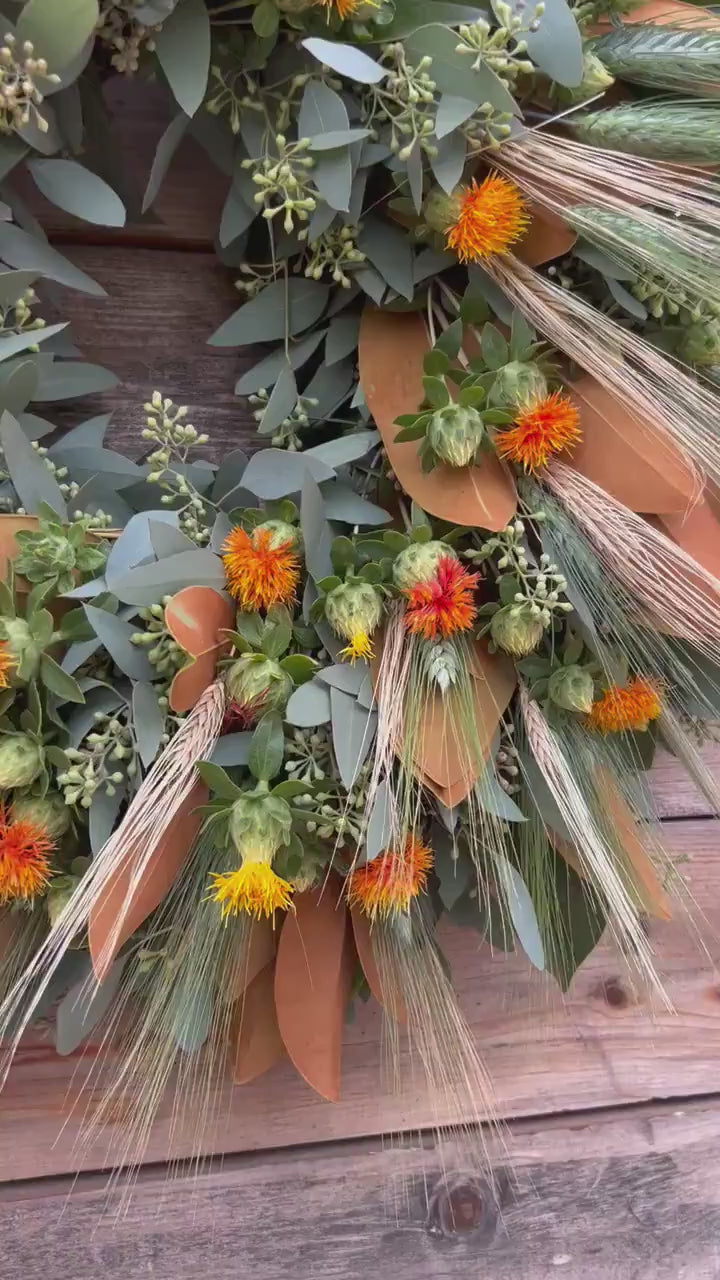 FRESH Real Magnolia, Eucalyptus, Wheat, Safflower, Handcrafted Wreath Front Door Decor, Kitchen, Wall, Home Decor Fall, Autumn.