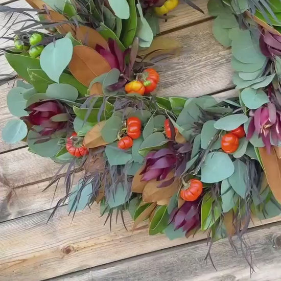 FRESH Fall Magnolia, Eucalyptus, Pumpkins,  and Leucalendrum Wreath for Front Door Home Decor, Birthday Gift, Halloween, Thanksgiving.