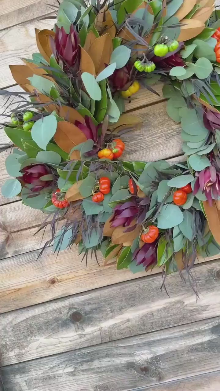 FRESH Fall Magnolia, Eucalyptus, Pumpkins,  and Leucalendrum Wreath for Front Door Home Decor, Birthday Gift, Halloween, Thanksgiving.